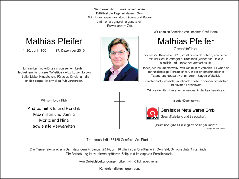  Traueranzeige für Mathias Pfeifer vom 02.01.2014 aus 