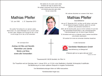 Traueranzeige von Mathias Pfeifer 