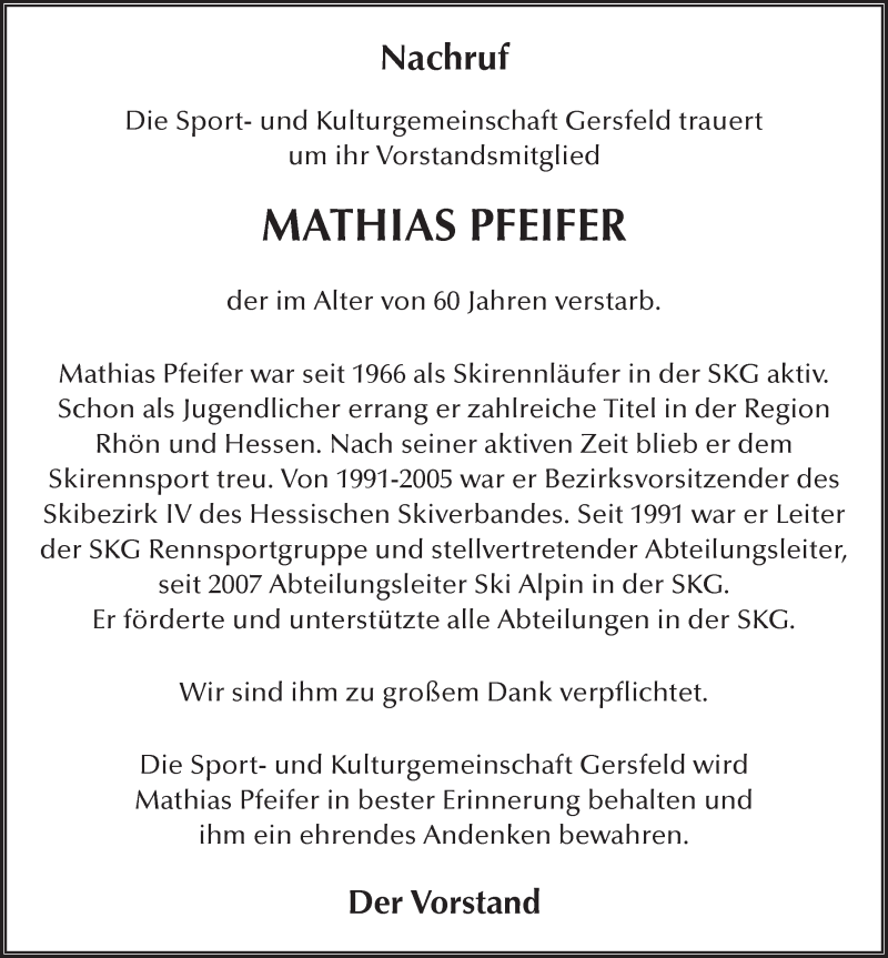  Traueranzeige für Mathias Pfeifer vom 02.01.2014 aus 
