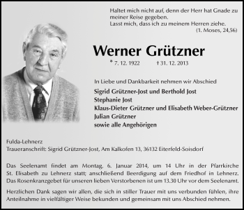 Traueranzeige von Werner Grützner 