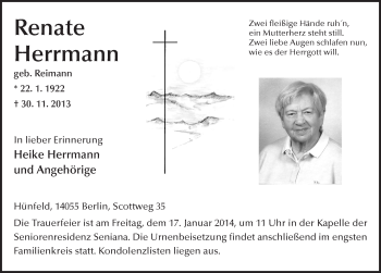 Traueranzeige von Renate Herrmann 
