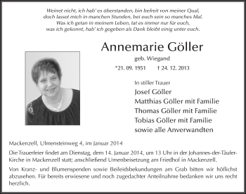 Traueranzeige von Annemarie Göller 