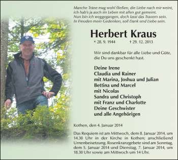 Traueranzeige von Herbert Kraus 