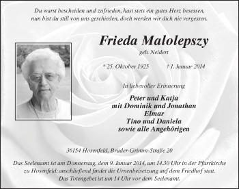 Traueranzeige von Frieda Malolepszy 