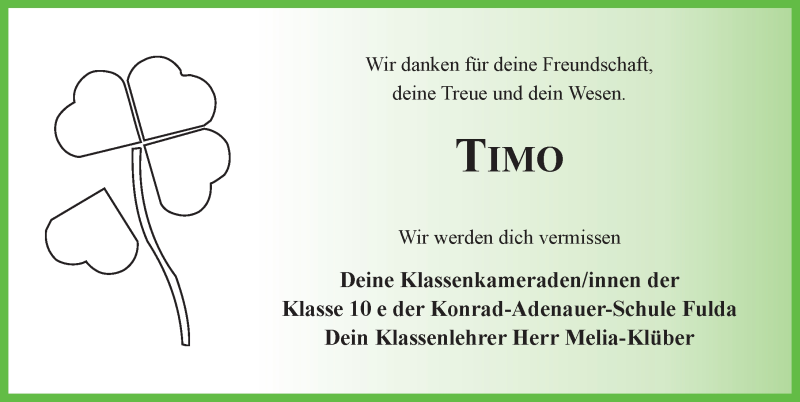  Traueranzeige für Timo Freier vom 08.01.2014 aus 