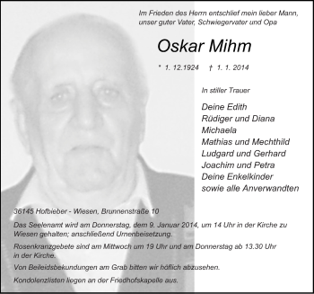 Traueranzeige von Oskar Mihm 