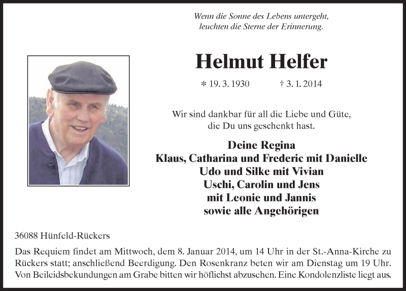  Traueranzeige für Helmut Helfer vom 06.01.2014 aus 