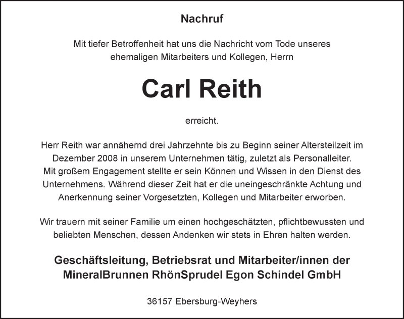  Traueranzeige für Carl Reith vom 07.01.2014 aus 