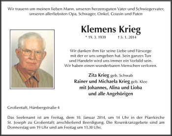 Traueranzeige von Klemens Krieg 