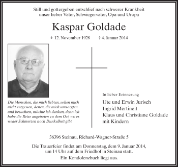 Traueranzeige von Kaspar Goldade 