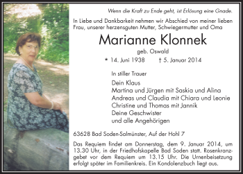 Traueranzeige von Marianne Klonnek 