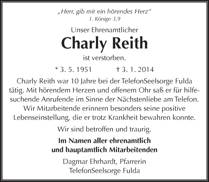  Traueranzeige für Carl Reith vom 07.01.2014 aus 