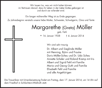 Traueranzeige von Margarethe Möller 