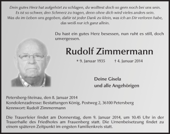 Traueranzeige von Rudolf Zimmermann 