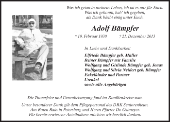 Traueranzeige von Adolf Bämpfer 