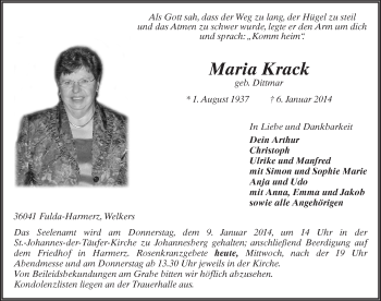 Traueranzeige von Maria Krack 