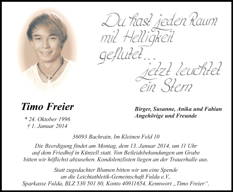  Traueranzeige für Timo Freier vom 08.01.2014 aus 