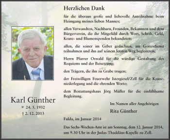 Traueranzeige von Karl Günther 