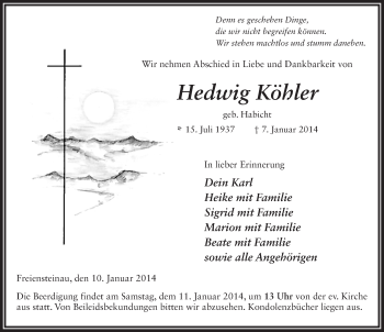 Traueranzeige von Hedwig Köhler 