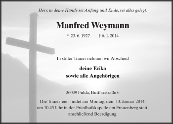 Traueranzeige von Manfred Weymann 
