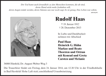 Traueranzeige von Rudolf Haas 