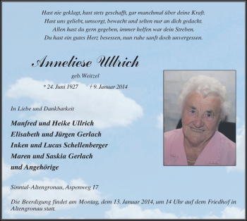 Traueranzeige von Anneliese Ullrich 