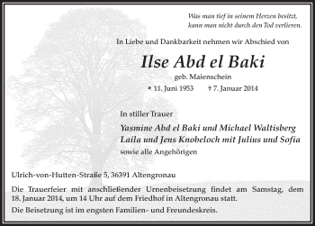 Traueranzeige von Ilse Abd el Baki 