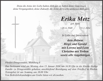 Traueranzeige von Erika Metz 