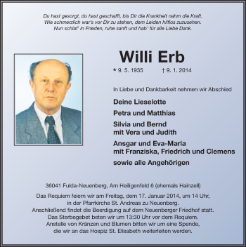 Traueranzeige von Willi Erb 
