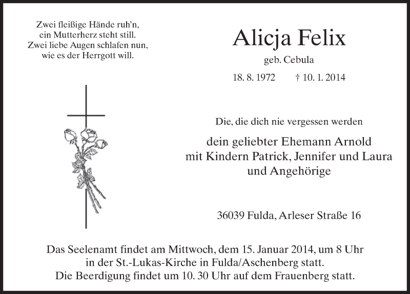  Traueranzeige für Alicja Felix vom 14.01.2014 aus 