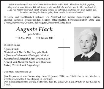 Traueranzeige von Auguste Flach 