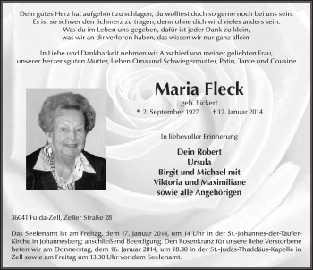 Traueranzeige von Maria Fleck 