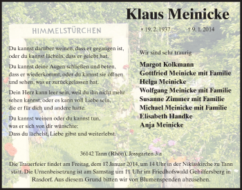 Traueranzeige von Klaus Meinicke 