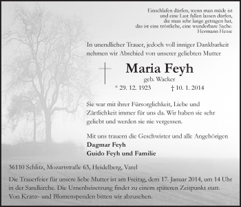 Traueranzeige von Maria Feyh 