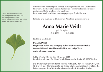 Traueranzeige von Anna Marie Veidt 