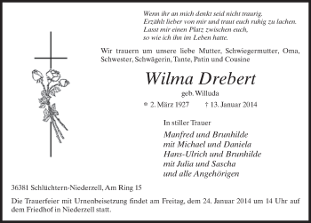 Traueranzeige von Wilma Drebert 