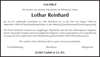 Traueranzeige von Lothar Reinhard 