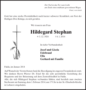 Traueranzeige von Hildegard Stephan 