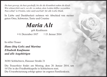 Traueranzeige von Maria Alt 