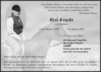 Traueranzeige von Resi Kracht 