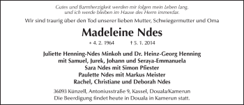 Traueranzeige von Madeleine Ndes 