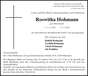 Traueranzeige von Roswitha Hohmann 