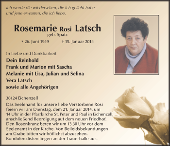 Traueranzeige von Rosemarie Latsch 