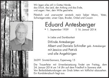 Traueranzeige von Eduard Antesberger 