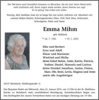 Traueranzeige von Emma Mihm 