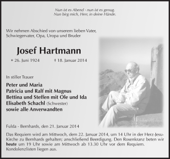 Traueranzeige von Josef Hartmann 