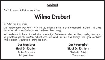 Traueranzeige von Wilma Drebert 