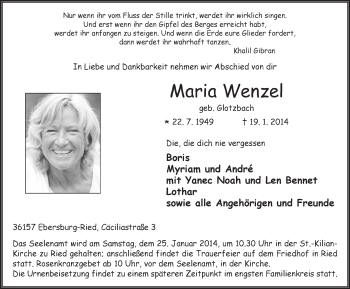 Traueranzeige von Maria Wenzel 