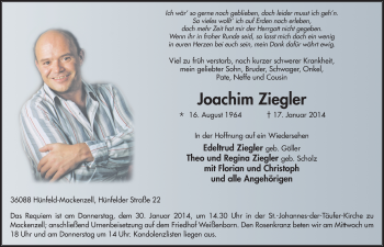 Traueranzeige von Joachim Ziegler 