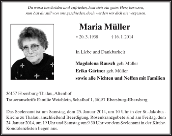 Traueranzeige von Maria Müller 